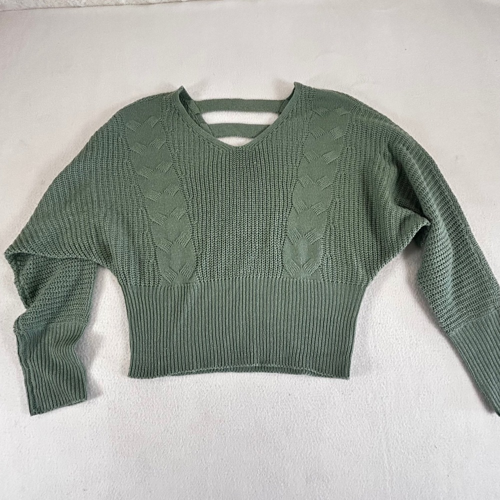 FCT with Love Womens Sage Green Cable Knit Strappy Back Dolman Sweater Large